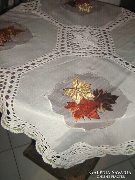 Beautiful handmade crocheted organza insert sewn leaf patterned special tablecloth