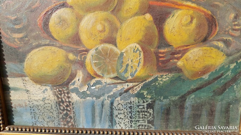 Signed, old oil on canvas lemon still life painting