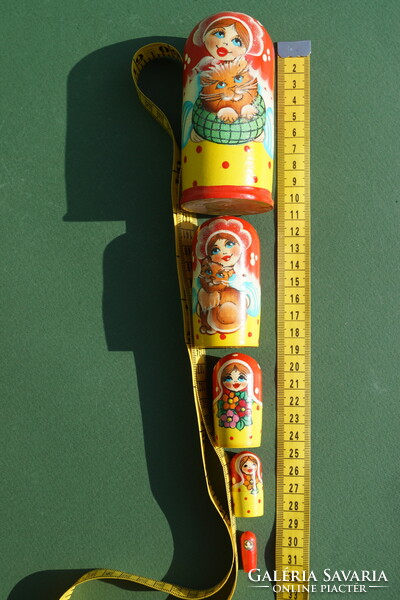 Old rare painted 5-piece Russian matryoshka doll girl with a cat