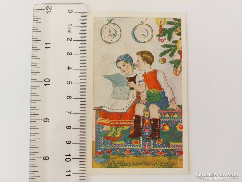 Old mini postcard 1943 Christmas greeting card children in national costume