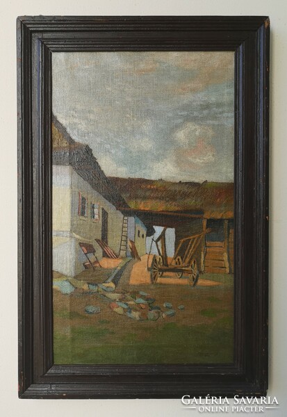 Backyard. Signed, dated, old oil painting. 1920