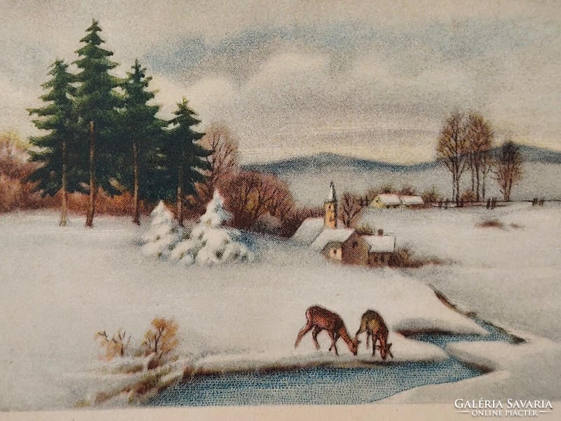 Régi mini képeslap 1943 karácsonyi üdvözlőkártya őzikék