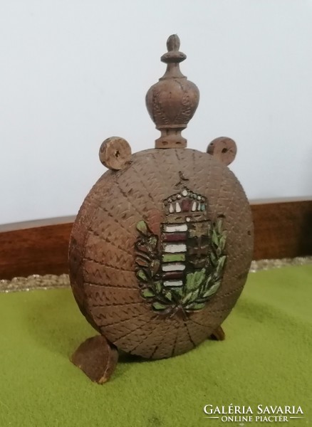 Old wooden water bottle with Hungarian coat of arms, small size