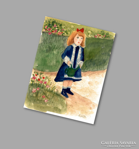 Eredeti Akvarell Festmény Papíron (Laczó Ágnes kortárs festő/grafikus művész) Kislány a kertben