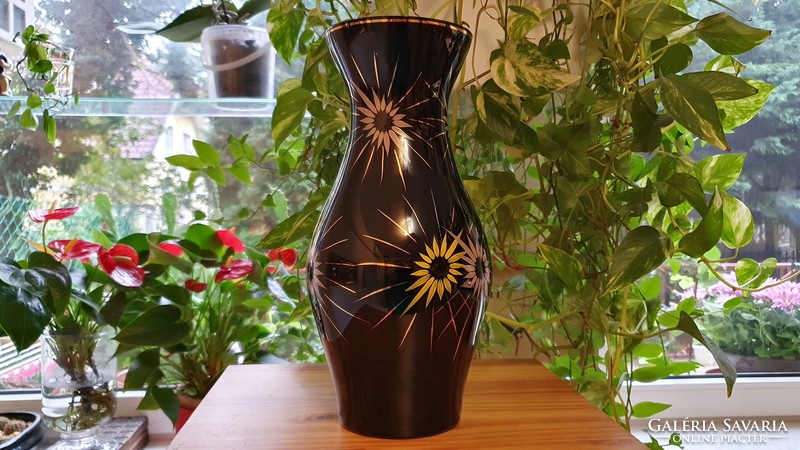 Only 1 left. Old, black glass vase. With hand painted flowers.
