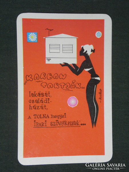 Kártyanaptár, Tolna megyei ipari szövetkezet, Szekszárd, grafikai rajzos,női modell,1977 ,  (1)