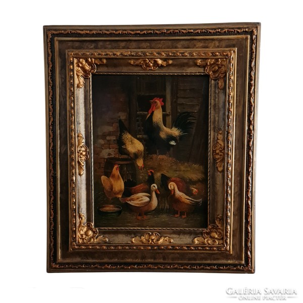 Hens and ducks oil painting