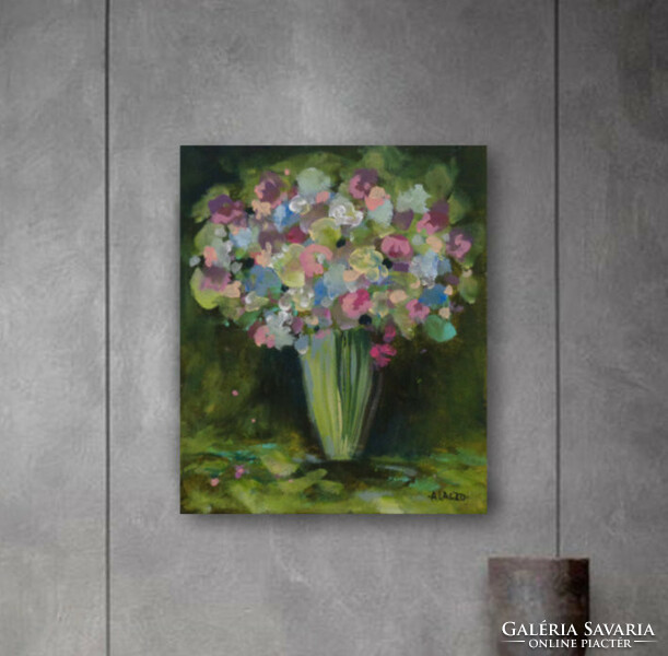 Original acrylic painting on canvas (contemporary painter/graphic artist agnes laczó) a bouquet of flowers