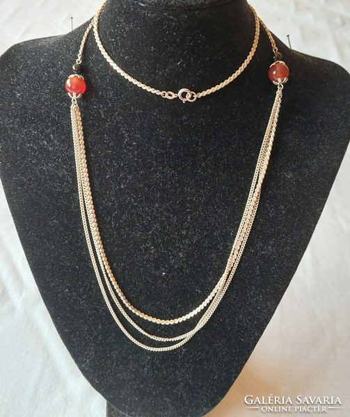 Wonderful old long 3-row silver necklace with carnelian and onyx stones