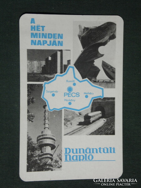 Kártyanaptár, Dunántúli Napló újság,Pécs mozaik részletek,MÁV,NIKE emlékmű,tévétorony,1976 ,  (1)