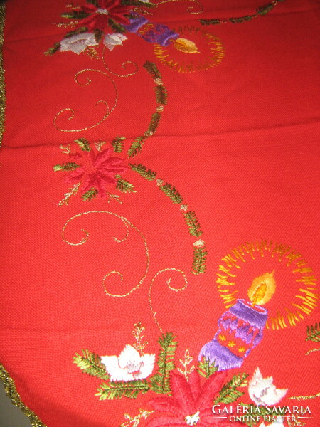 Beautiful hand-embroidered red Christmas tablecloth