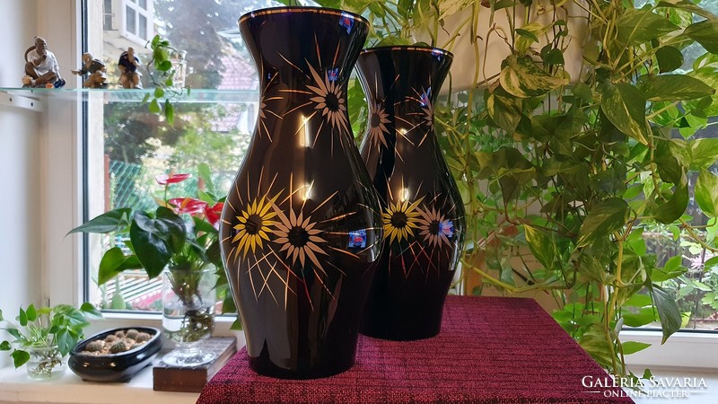 Only 1 left. Old, black glass vase. With hand painted flowers.