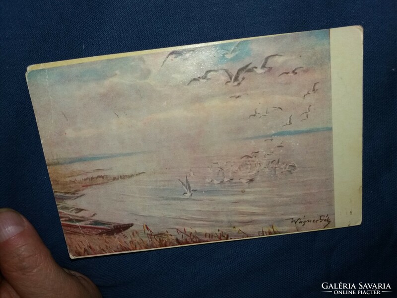 Antique seagulls on the Balaton after the painting by Géza Wagner landscape painting postcard according to the pictures