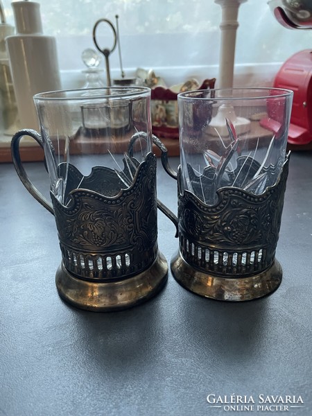 A pair of silver-plated Russian cup holders with a nice patina pattern