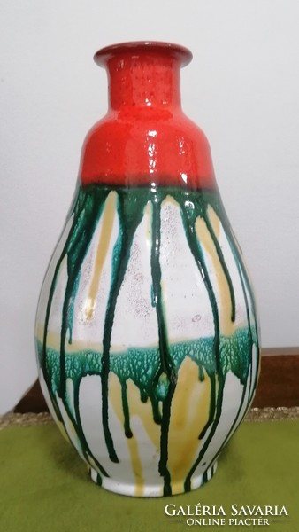 Csorgatott mázas retro iparművészeti kerámia váza