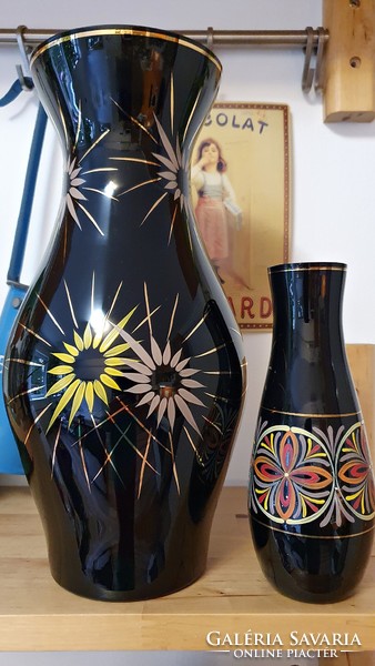 Only 1 left. Old, black glass vase. With hand painted flowers.