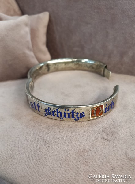 Antique silver bracelet with fire enamel decoration: gott schütze dich