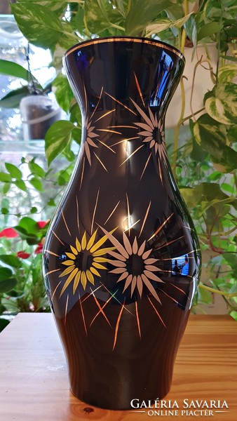 Only 1 left. Old, black glass vase. With hand painted flowers.