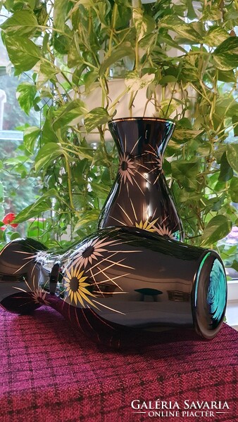 Only 1 left. Old, black glass vase. With hand painted flowers.