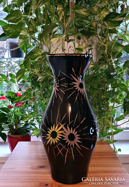 Only 1 left. Old, black glass vase. With hand painted flowers.