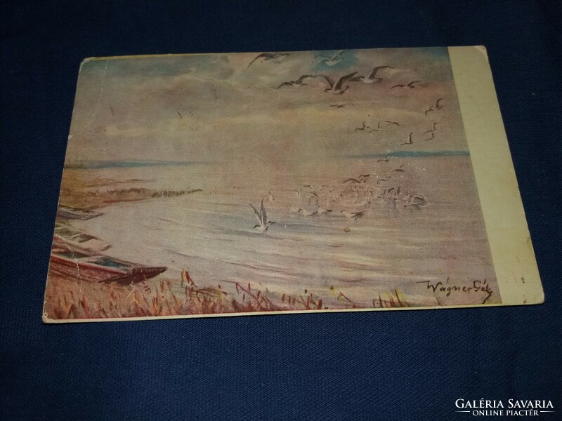 Antik Sirályok a Balatonon Wágner Géza festménye után tájkép FESTMÉNY képeslap a képek szerint