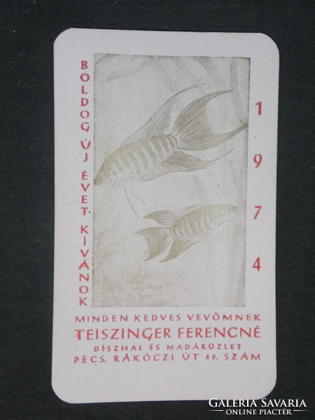 Card calendar, ornamental fish and bird specialist shop, Pécs, graphic artist 1974, (1)