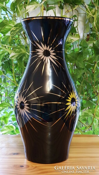 Only 1 left. Old, black glass vase. With hand painted flowers.