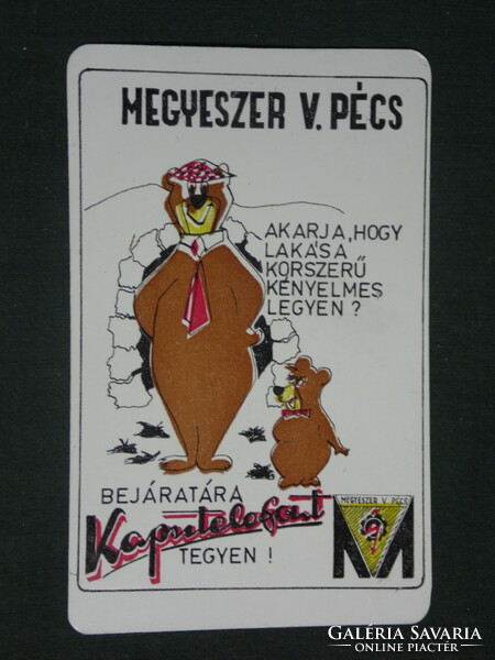 Kártyanaptár,Megyeszer vállalat,Pécs, kaputelefon,grafikai rajzos, Maci Laci, 1975 ,  (1)
