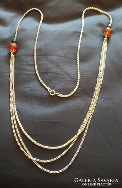Wonderful old long 3-row silver necklace with carnelian and onyx stones