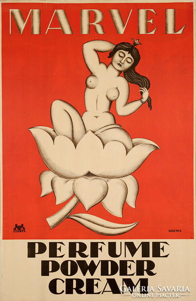 Vintage Marvel parfüm púderkrém reklám plakát reprint, Kozma Lajos, indiai nő lótusz virág