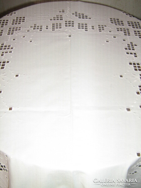 Beautiful huge azure embroidered woven white needlework tablecloth