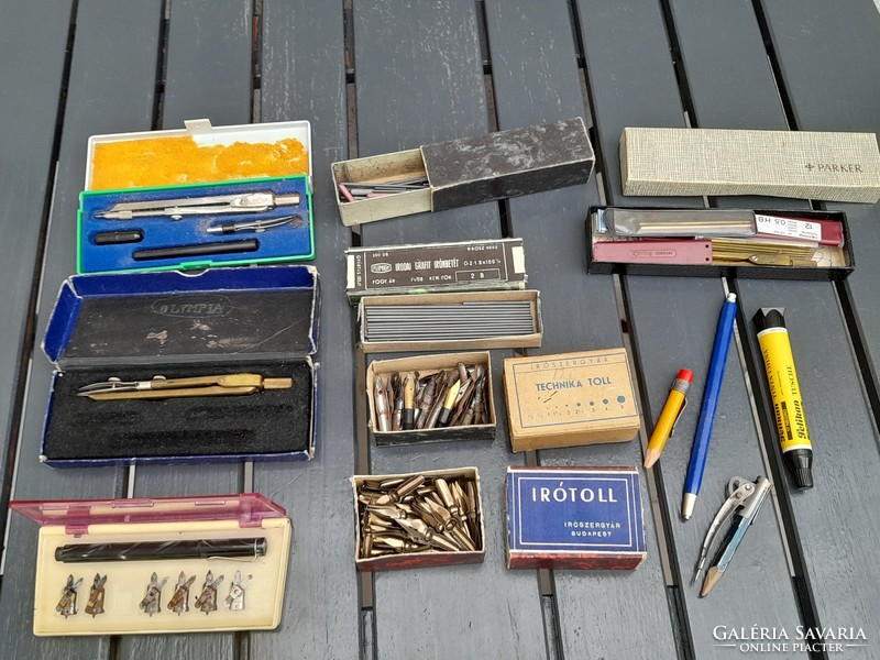 Old writing instruments, circular, fountain pen nibs, etc. Together