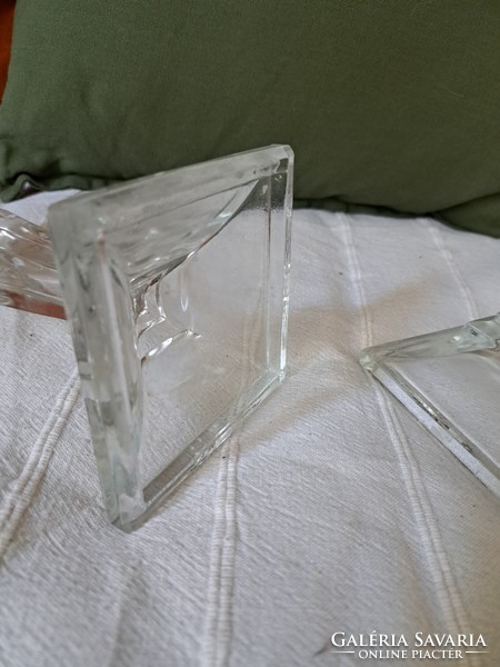 Pair of old, vintage glass candle holders, one defective