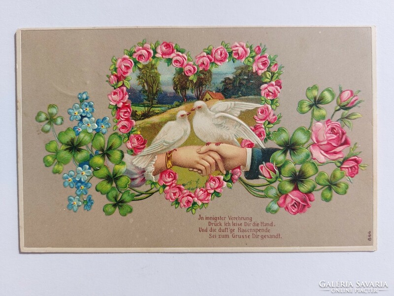 Régi képeslap dombornyomott levelezőlap galambok rózsa lóhere
