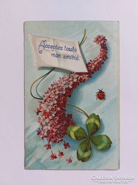 Old postcard embossed postcard ladybug clover