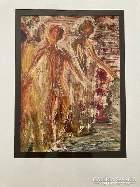Táncolók, olaj festmény papíron, üvegezett keretben paszpartuval