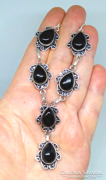 Black onyx agate mineral necklace and earring set an61956