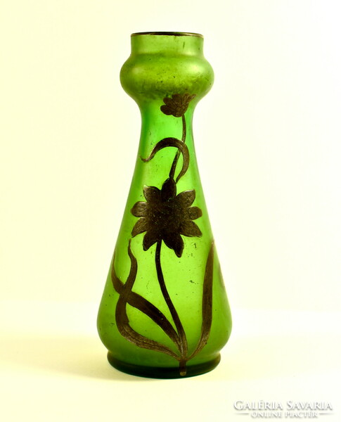 Art Nouveau silver decorated green glass vase