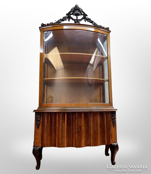 Impressive antique carved display case with frosted curved glass