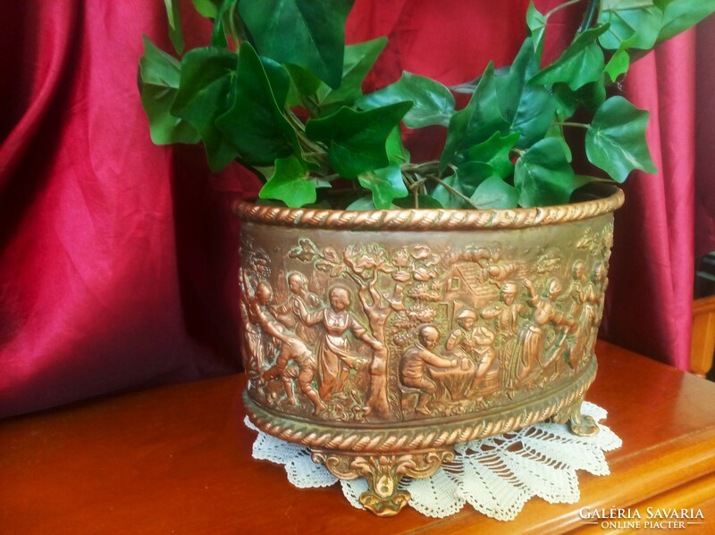 Embossed antique copper pot, flower stand