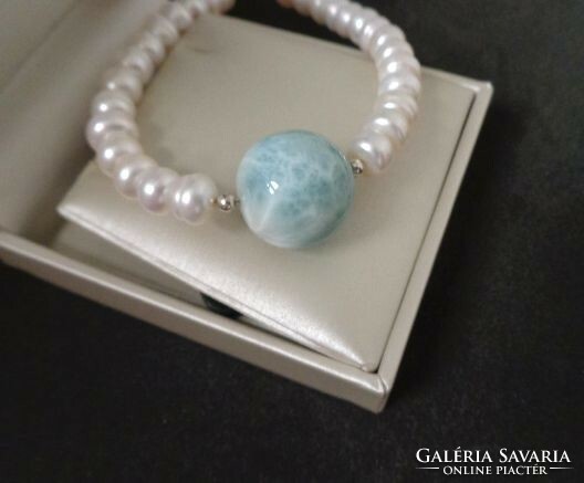 Larimar and cultured pearl necklace with silver fittings