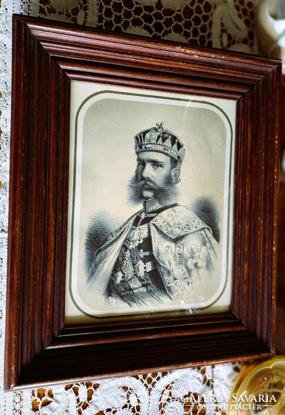 King Ferenc József in coronation decoration Hungarian holy crown contemporary sharp lithograph + frame