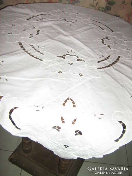 Beautiful white rosette embroidered floral vintage tablecloth