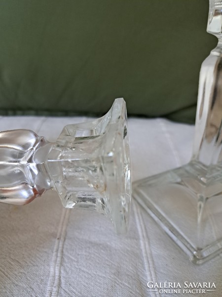 Pair of old, vintage glass candle holders, one defective