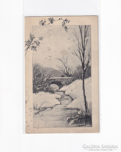 K:085 Christmas antique postcard 1915 black and white