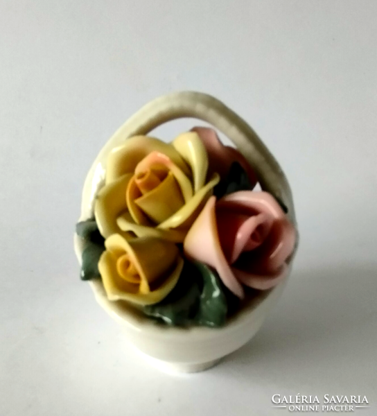 Beautiful old German porcelain rose basket nipp, showcase ornament