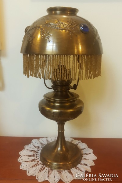Antique copper kerosene lamp - with bird engraving, pearl fringes !!!