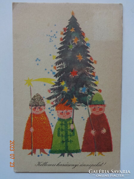 Régi grafikus karácsonyi üdvözlő képeslap - Hajnal Gabriella rajz