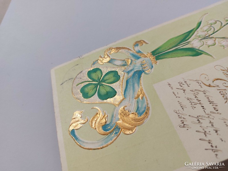 Régi képeslap dombornyomott levelezőlap lóhere gyöngyvirág