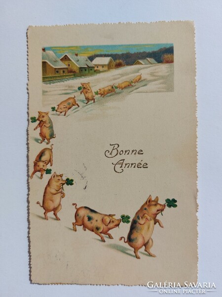 Régi újévi képeslap 1922 levelezőlap malacok lóhere